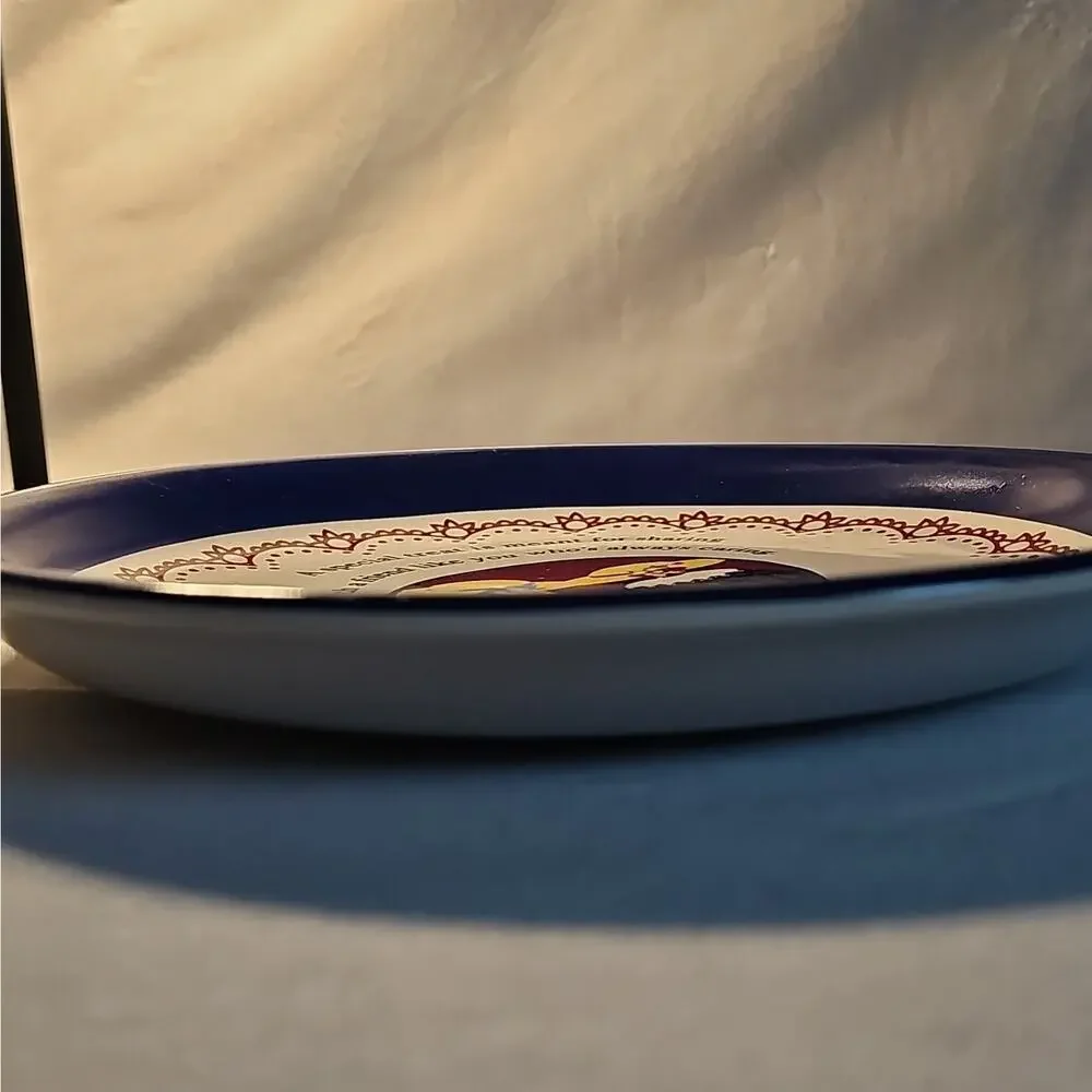Vintage Ceramic Friendship Plate Blue Rim Round Glossy Multicolor